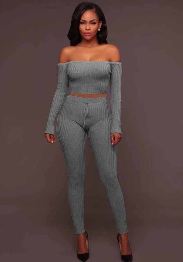 Women's Fall/Winter High Stretch Ribbed  Two Piece Pants Set