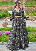 Plus Size Women's Autumn and Winter Sexy Deep V Print Snake Print Dress