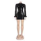 Sexy See-Through Mesh Feather Bodycon Slim Sequin Beaded Dress