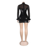 Sexy See-Through Mesh Feather Bodycon Slim Sequin Beaded Dress