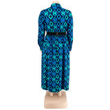 Plus Size Women Fall Long Sleeve Printed Casual Shirt Dress with Belt
