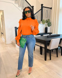 Women Solid Stand Collar Puffed Sleeve Top