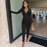 Women autumn and winter sexy mesh Patchwork Blazer + Pant two-piece