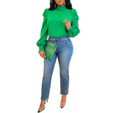Women Solid Stand Collar Puffed Sleeve Top