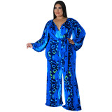 Plus Size Women Fall Print Sexy Off Shoulder Long Sleeve Jumpsuit