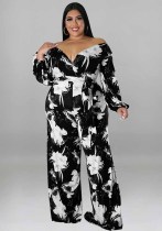 Plus Size Women Fall Print V-Neck Off Shoulder Jumpsuit