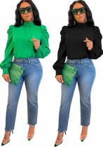Women Solid Stand Collar Puffed Sleeve Top Women Solid Stand Collar Puffed Sleeve Top