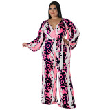 Plus Size Women Fall Print Sexy Off Shoulder Long Sleeve Jumpsuit