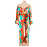 Plus Size Women Fall Print Sexy Off Shoulder Long Sleeve Jumpsuit