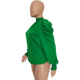 Women Solid Stand Collar Puffed Sleeve Top