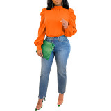 Women Solid Stand Collar Puffed Sleeve Top