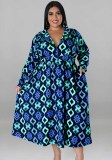 Plus Size Women Fall Long Sleeve Printed Casual Shirt Dress with Belt