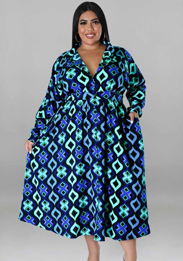 Plus Size Women Fall Long Sleeve Printed Casual Shirt Dress with Belt