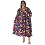 Plus Size Women Fall Long Sleeve Printed Casual Shirt Dress with Belt