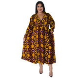 Plus Size Women Fall Long Sleeve Printed Casual Shirt Dress with Belt