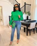 Women Solid Stand Collar Puffed Sleeve Top