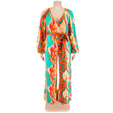Plus Size Women Fall Print Sexy Off Shoulder Long Sleeve Jumpsuit
