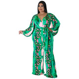 Plus Size Women Fall Print Sexy Off Shoulder Long Sleeve Jumpsuit