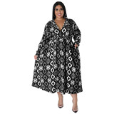 Plus Size Women Fall Long Sleeve Printed Casual Shirt Dress with Belt