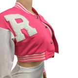 Women's Fashion Long Sleeve Crop Tank Baseball Coat Lined Pants Three-Piece Set