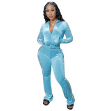 Women's Solid Velvet Casual Zip Top Wide Leg Pants Two Piece Tracksuit