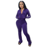 Women's Solid Velvet Casual Zip Top Wide Leg Pants Two Piece Tracksuit