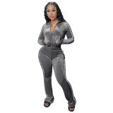 Women's Solid Velvet Casual Zip Top Wide Leg Pants Two Piece Tracksuit