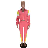 Women's Patchwork Sport Contrast Casual Tracksuit Two Piece Set