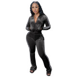 Women's Solid Velvet Casual Zip Top Wide Leg Pants Two Piece Tracksuit