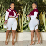 Women's Fashion Long Sleeve Crop Tank Baseball Coat Lined Pants Three-Piece Set