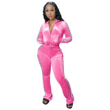 Women's Solid Velvet Casual Zip Top Wide Leg Pants Two Piece Tracksuit