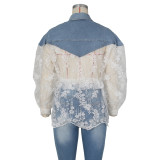 Sexy Ladies Denim Patchwork Embroidered Mesh See-Through Slim Waist Shirt
