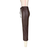 Women's Sexy Solid Color Fashion High Stretch Slit Lace-Up Leather Skirt