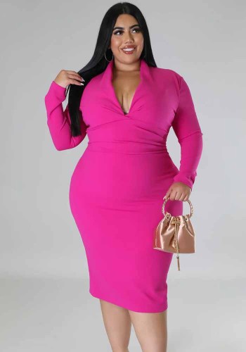 Fashion Casual Solid Color Long Sleeve Zip V-Neck Dress