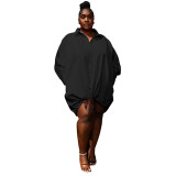 Solid Long Sleeve Loose Drawstring Shirt Plus Size Dress