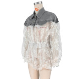 Sexy Ladies Denim Patchwork Embroidered Mesh See-Through Slim Waist Shirt