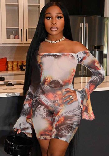 Women's Nightclub Sexy Sheer Mesh Print Bell Bottom Off Shoulder Jumpsuit