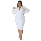 Fashion Casual Solid Color Long Sleeve Zip V-Neck Dress