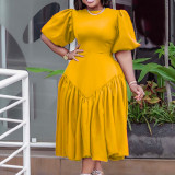 Women's Pleated African Plus Size Fashion Puff Sleeve Dress