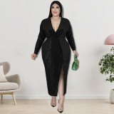 Plus Size Autumn Women's Velvet Bottom Embroidered Sequin Dress
