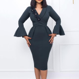 Women's Fall Winter V-Neck Chic Elegant Bell Bottom Sleeve Slit Bodycon Dress