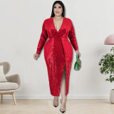 Plus Size Autumn Women's Velvet Bottom Embroidered Sequin Dress