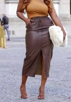 Women's Sexy Solid Color Fashion High Stretch Slit Lace-Up Leather Skirt