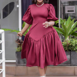 Women's Pleated African Plus Size Fashion Puff Sleeve Dress