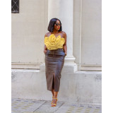 Women's Sexy Solid Color Fashion High Stretch Slit Lace-Up Leather Skirt