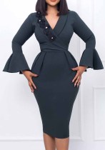 Women's Fall Winter V-Neck Chic Elegant Bell Bottom Sleeve Slit Bodycon Dress Women's Fall Winter V-Neck Chic Elegant Bell Bottom Sleeve Slit Bodycon Dress