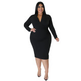 Fashion Casual Solid Color Long Sleeve Zip V-Neck Dress