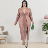 Plus Size Autumn Women's Velvet Bottom Embroidered Sequin Dress