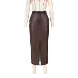 Women's Sexy Solid Color Fashion High Stretch Slit Lace-Up Leather Skirt