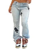 Women High Waist Embroidered Cross Pocket Sexy Denim Pants